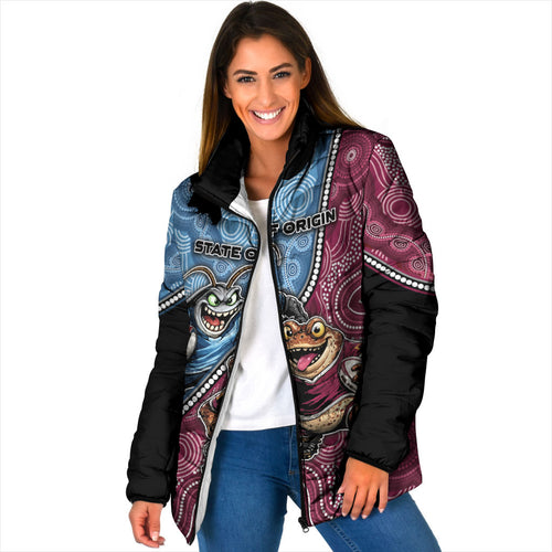 Personalised New South Wales And Queensland Padded Jacket Cockroaches With Frogs Aboriginal Art