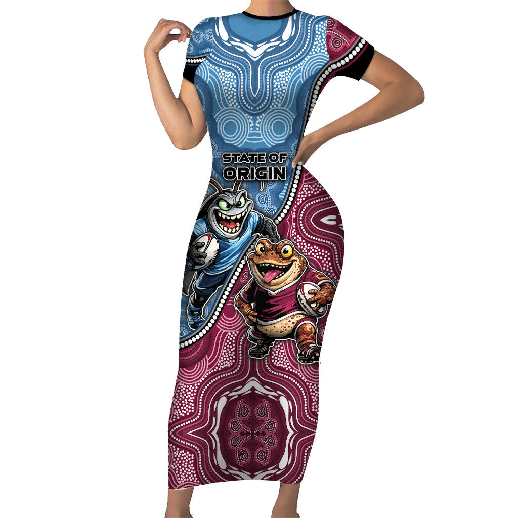 Personalised New South Wales And Queensland Short Sleeve Bodycon Dress Cockroaches With Frogs Aboriginal Art