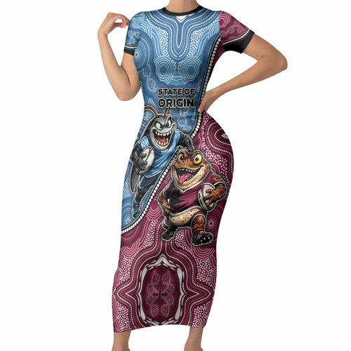 Personalised New South Wales And Queensland Short Sleeve Bodycon Dress Cockroaches With Frogs Aboriginal Art