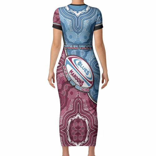 Personalised New South Wales And Queensland Short Sleeve Bodycon Dress Cockroaches With Frogs Aboriginal Art