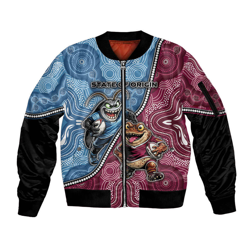 Personalised New South Wales And Queensland Sleeve Zip Bomber Jacket Cockroaches With Frogs Aboriginal Art