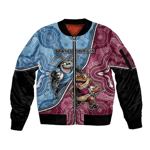 Personalised New South Wales And Queensland Sleeve Zip Bomber Jacket Cockroaches With Frogs Aboriginal Art