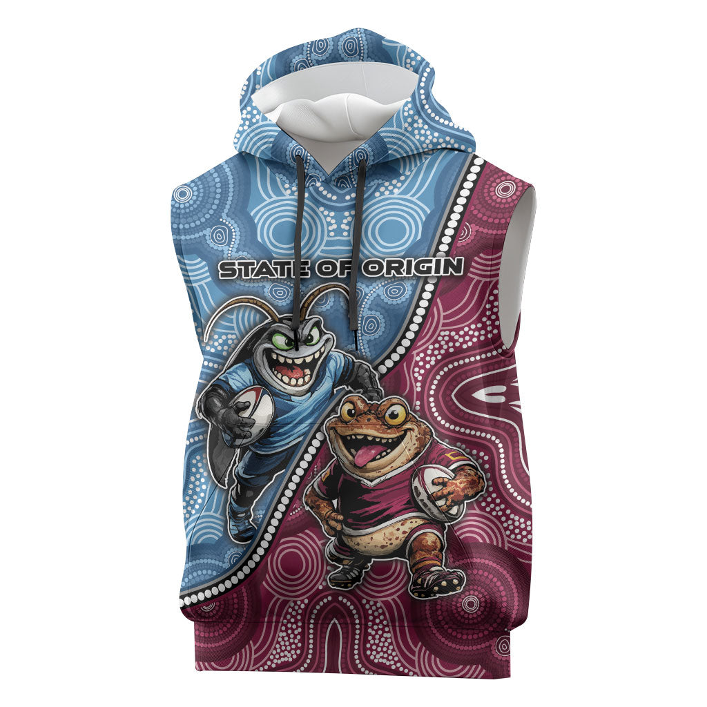 Personalised New South Wales And Queensland Sleeveless Hoodie Cockroaches With Frogs Aboriginal Art