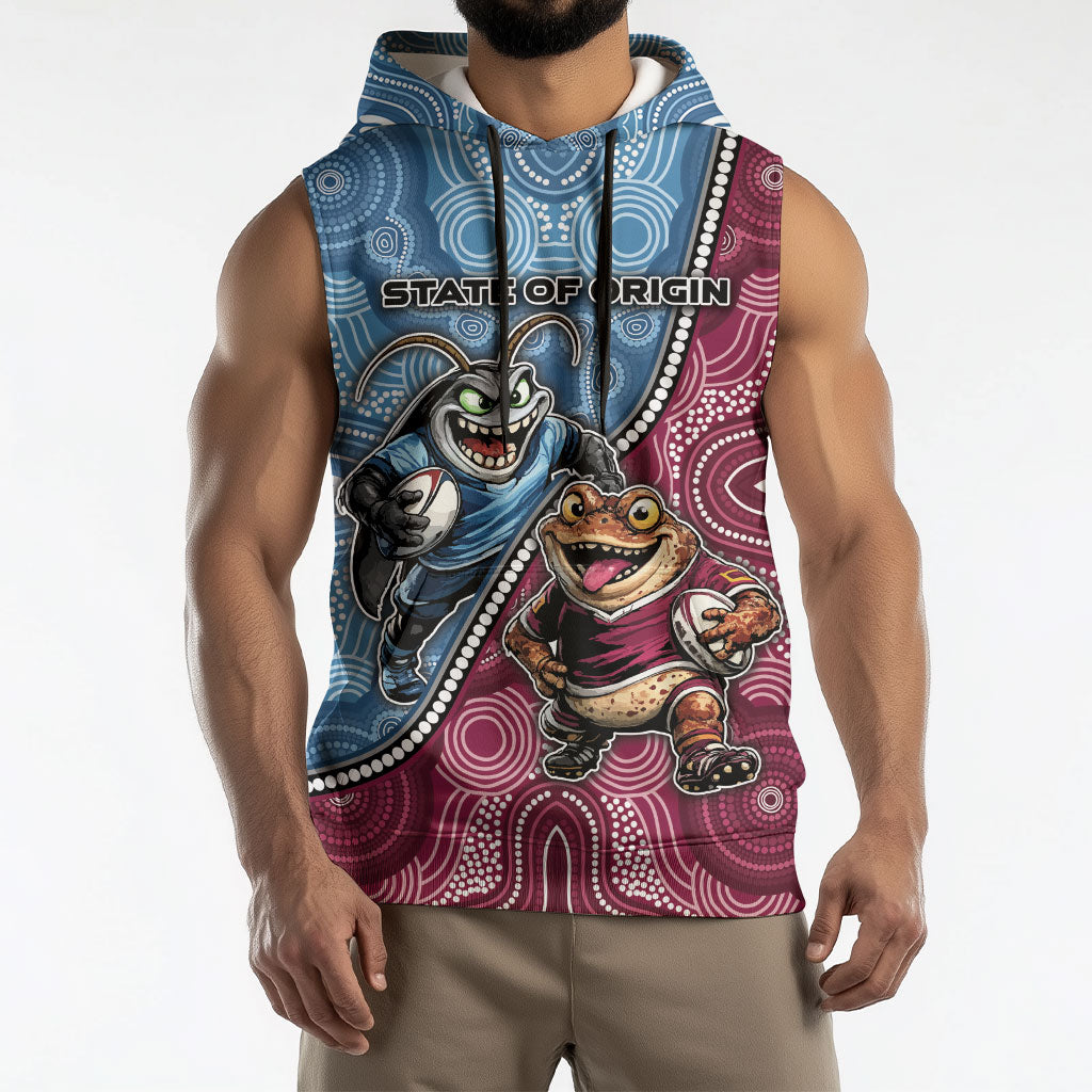 Personalised New South Wales And Queensland Sleeveless Hoodie Cockroaches With Frogs Aboriginal Art
