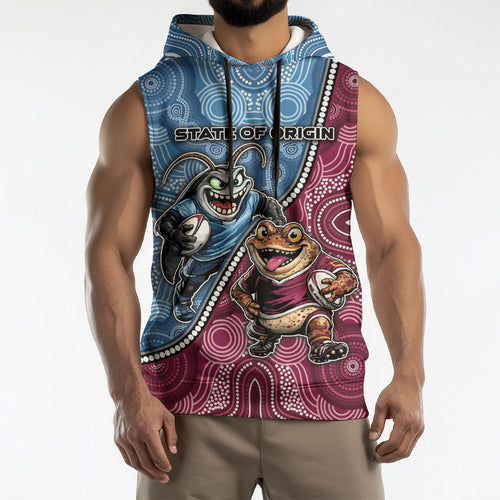Personalised New South Wales And Queensland Sleeveless Hoodie Cockroaches With Frogs Aboriginal Art