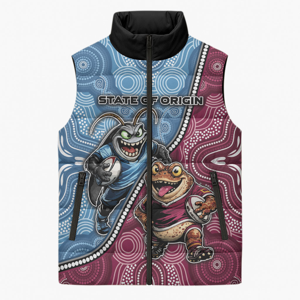 Personalised New South Wales And Queensland Sleeveless Puffer Jacket Cockroaches With Frogs Aboriginal Art