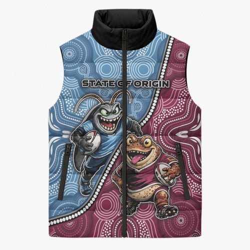 Personalised New South Wales And Queensland Sleeveless Puffer Jacket Cockroaches With Frogs Aboriginal Art