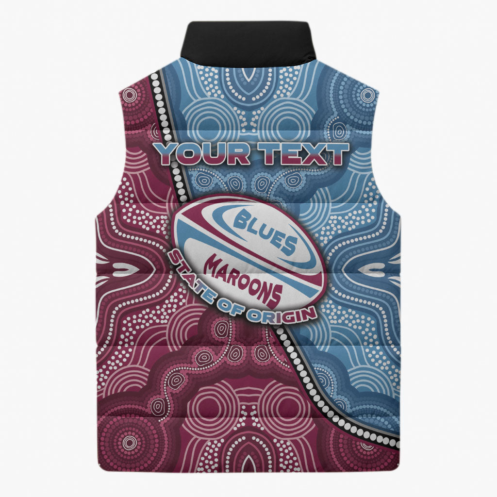 Personalised New South Wales And Queensland Sleeveless Puffer Jacket Cockroaches With Frogs Aboriginal Art