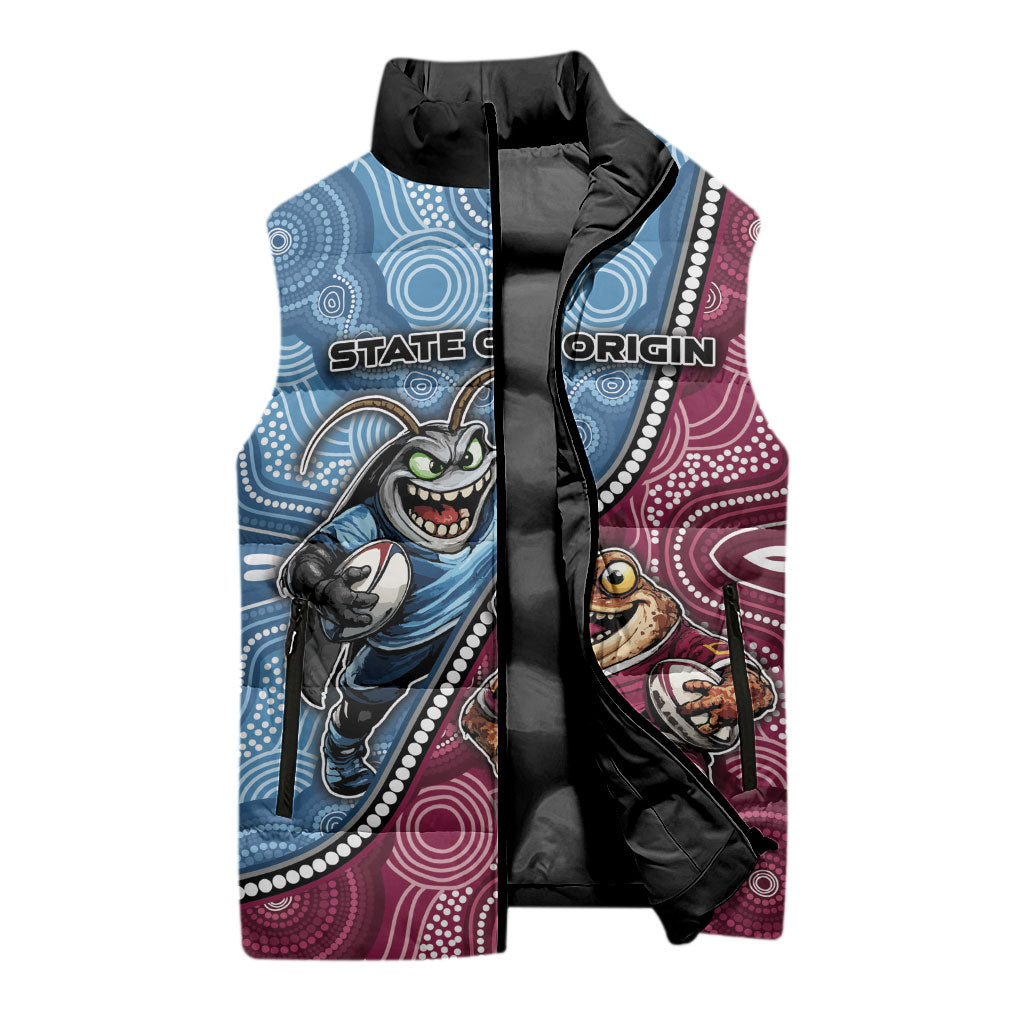 Personalised New South Wales And Queensland Sleeveless Puffer Jacket Cockroaches With Frogs Aboriginal Art