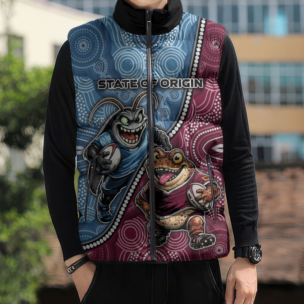 Personalised New South Wales And Queensland Sleeveless Puffer Jacket Cockroaches With Frogs Aboriginal Art