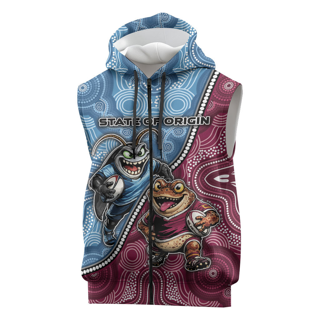 Personalised New South Wales And Queensland Sleeveless Zip Hoodie Cockroaches With Frogs Aboriginal Art