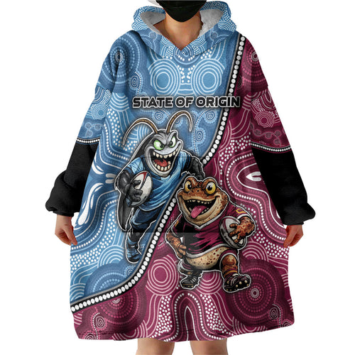 Personalised New South Wales And Queensland Wearable Blanket Hoodie Cockroaches With Frogs Aboriginal Art