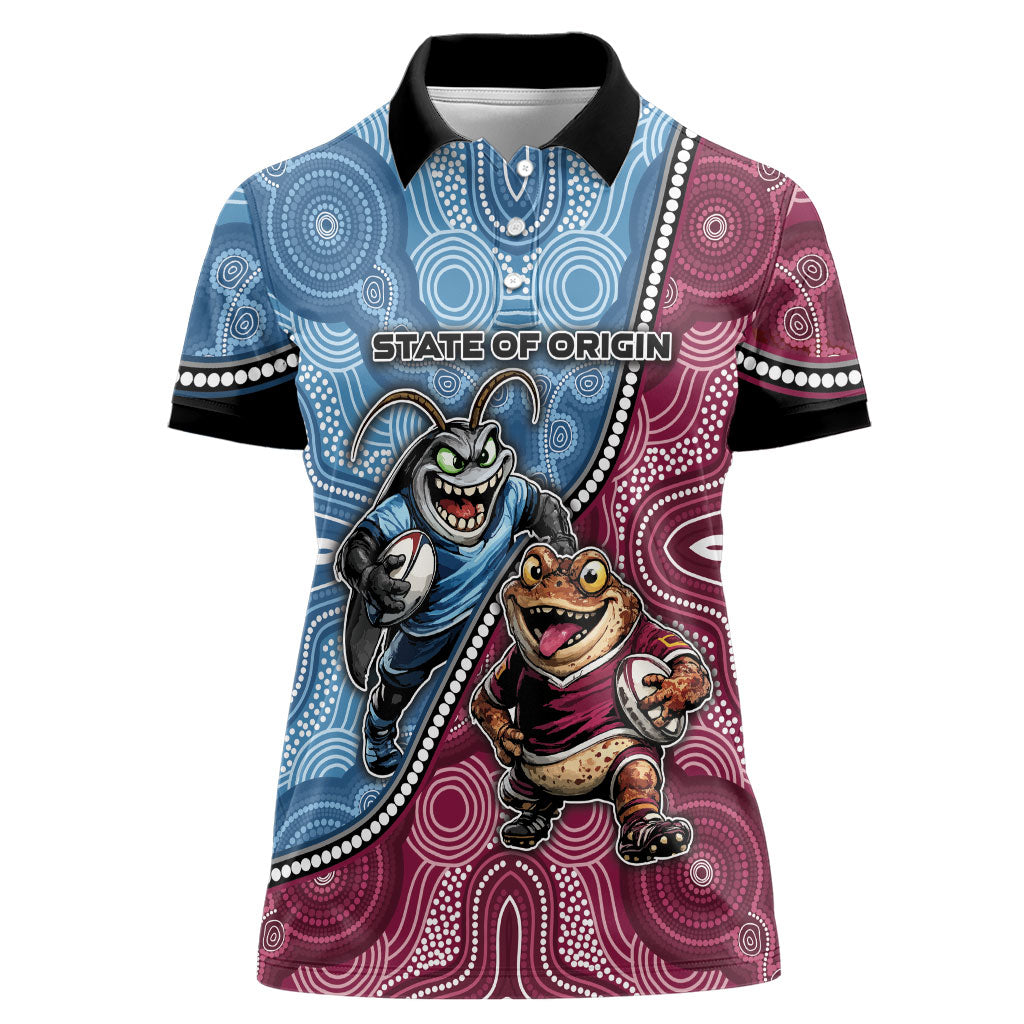 Personalised New South Wales And Queensland Women Polo Shirt Cockroaches With Frogs Aboriginal Art