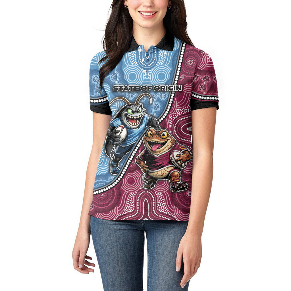 Personalised New South Wales And Queensland Women Polo Shirt Cockroaches With Frogs Aboriginal Art