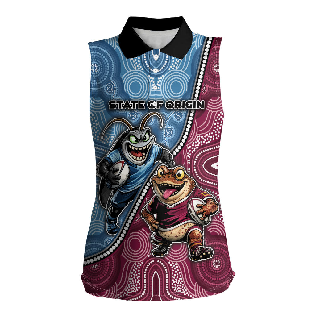 Personalised New South Wales And Queensland Women Sleeveless Polo Shirt Cockroaches With Frogs Aboriginal Art