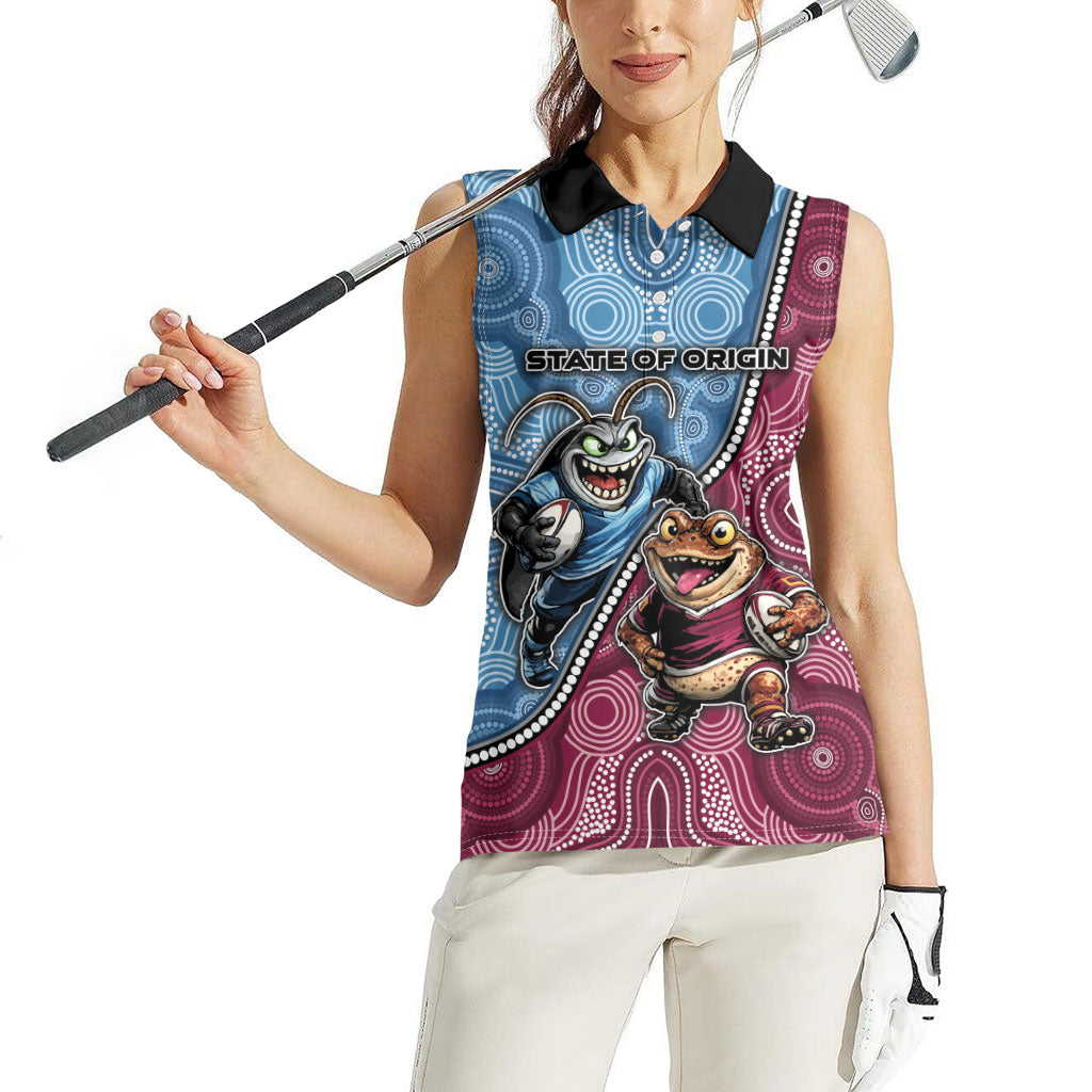 Personalised New South Wales And Queensland Women Sleeveless Polo Shirt Cockroaches With Frogs Aboriginal Art