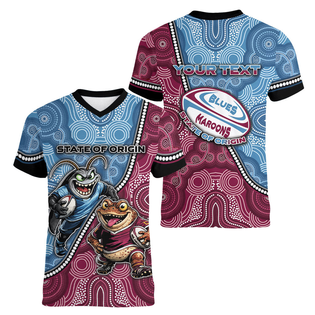 Personalised New South Wales And Queensland Women V-Neck T-Shirt Cockroaches With Frogs Aboriginal Art