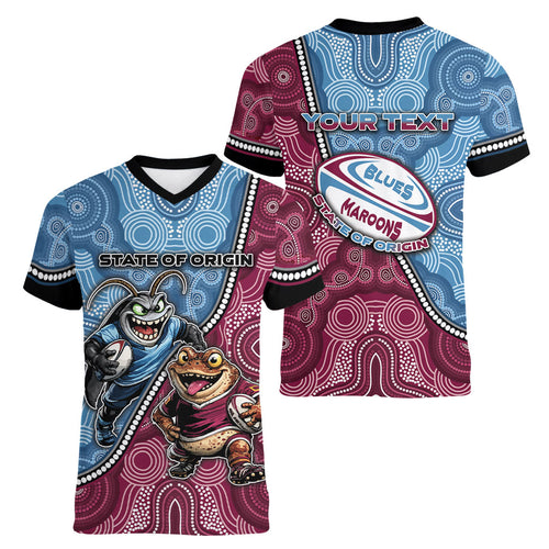 Personalised New South Wales And Queensland Women V-Neck T-Shirt Cockroaches With Frogs Aboriginal Art