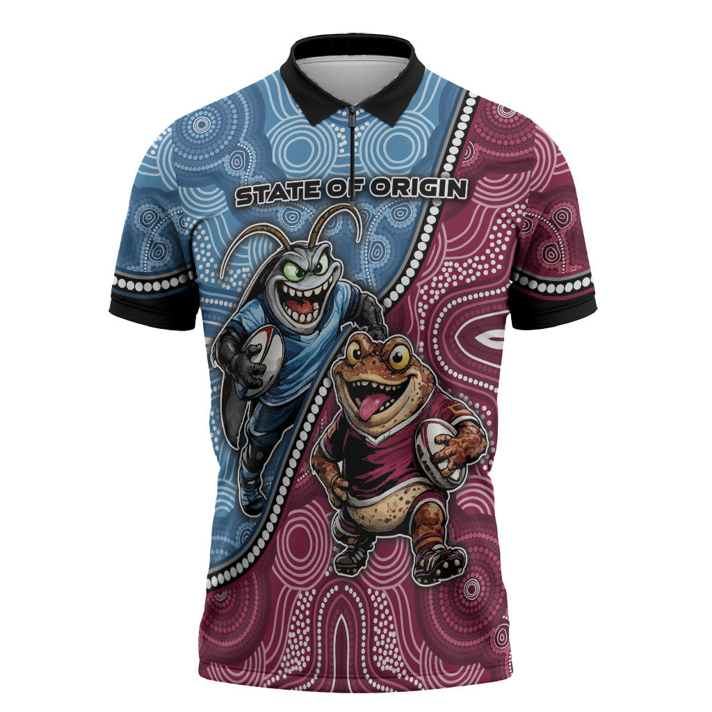 Personalised New South Wales And Queensland Zipper Polo Shirt Cockroaches With Frogs Aboriginal Art