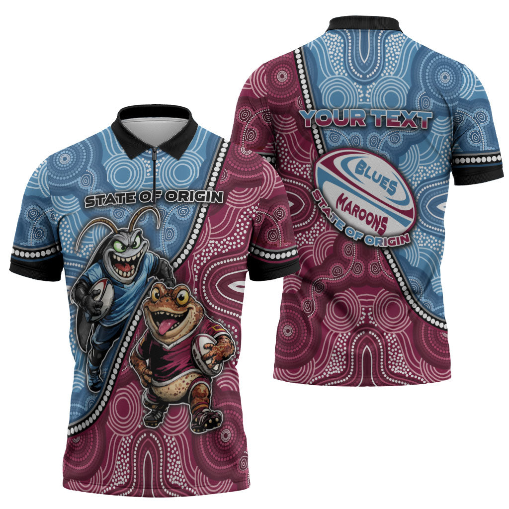 Personalised New South Wales And Queensland Zipper Polo Shirt Cockroaches With Frogs Aboriginal Art