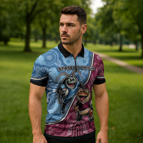 Personalised New South Wales And Queensland Zipper Polo Shirt Cockroaches With Frogs Aboriginal Art