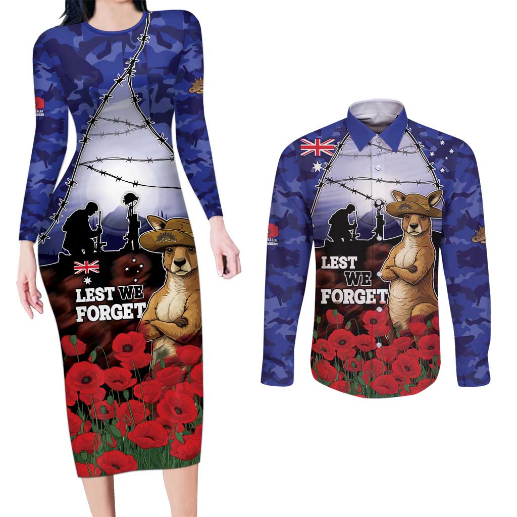 ANZAC Day Couples Matching Long Sleeve Bodycon Dress and Long Sleeve Button Shirt Lest We Forget