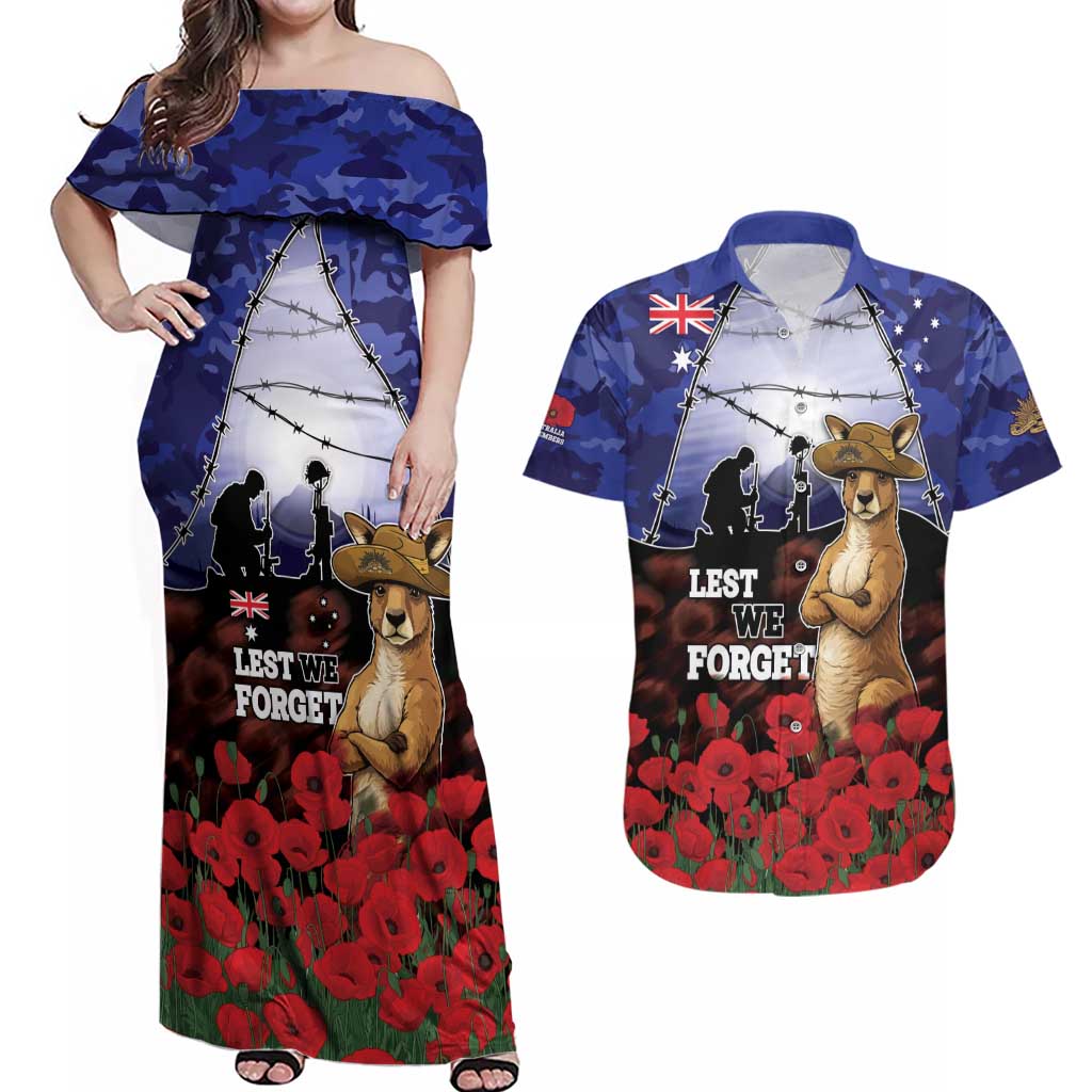 ANZAC Day Couples Matching Off Shoulder Maxi Dress and Hawaiian Shirt Lest We Forget