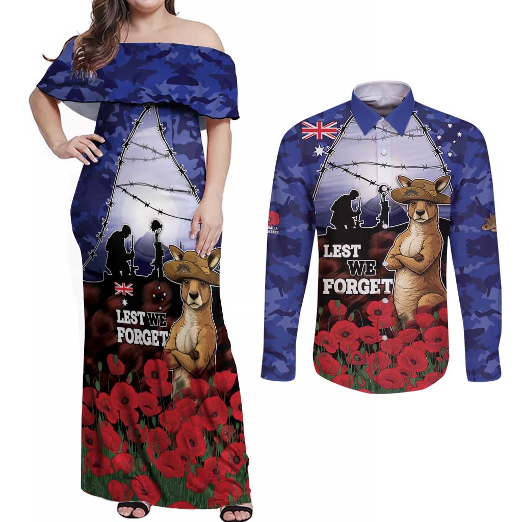 ANZAC Day Couples Matching Off Shoulder Maxi Dress and Long Sleeve Button Shirt Lest We Forget