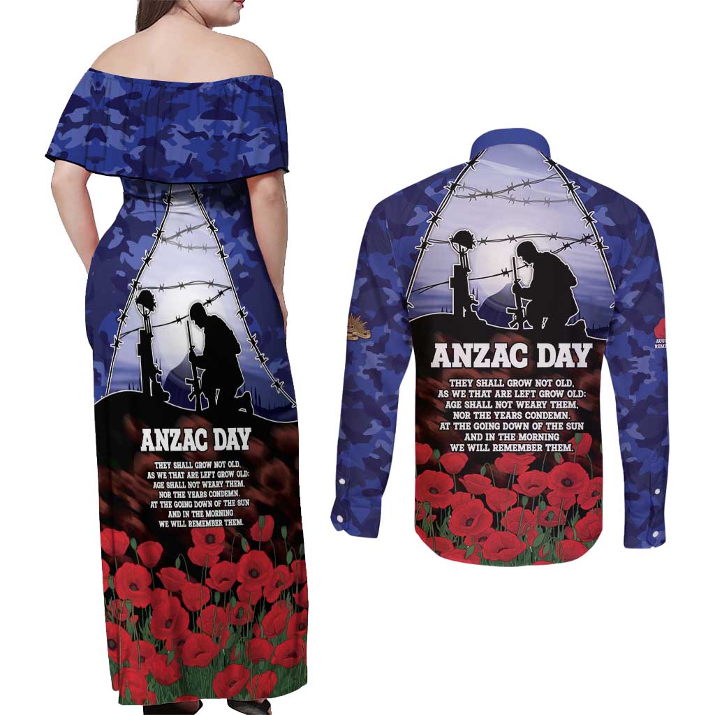 ANZAC Day Couples Matching Off Shoulder Maxi Dress and Long Sleeve Button Shirt Lest We Forget