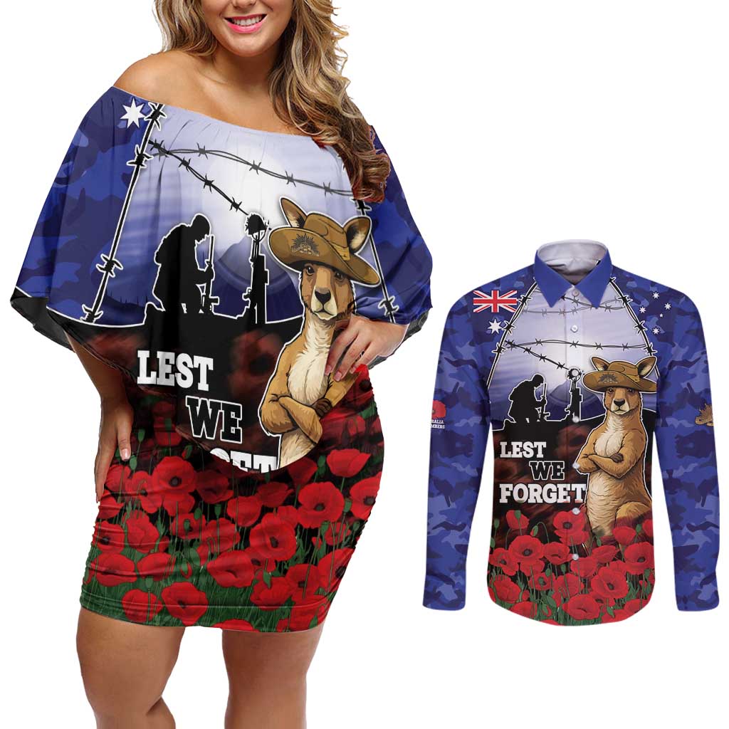 ANZAC Day Couples Matching Off Shoulder Short Dress and Long Sleeve Button Shirt Lest We Forget