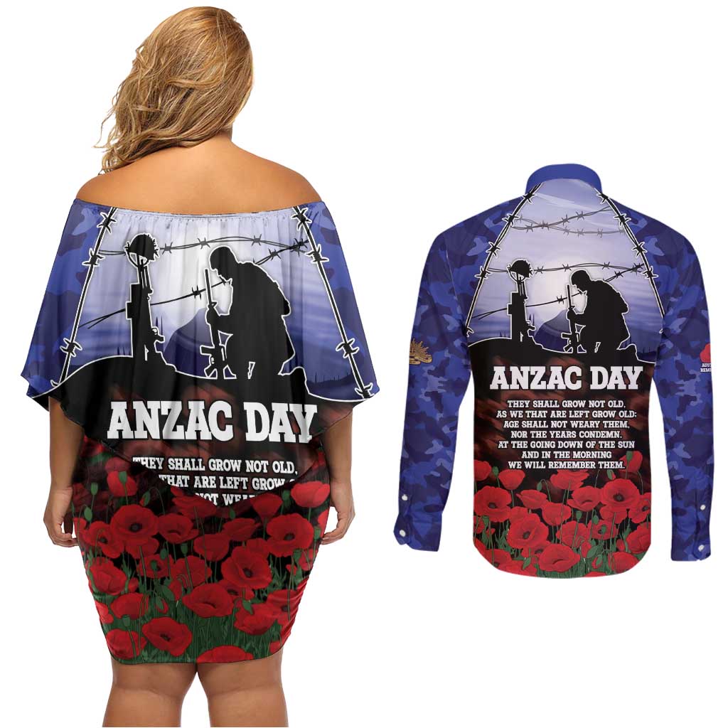 ANZAC Day Couples Matching Off Shoulder Short Dress and Long Sleeve Button Shirt Lest We Forget