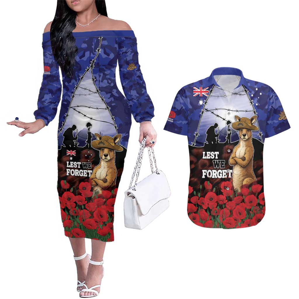 ANZAC Day Couples Matching Off The Shoulder Long Sleeve Dress and Hawaiian Shirt Lest We Forget
