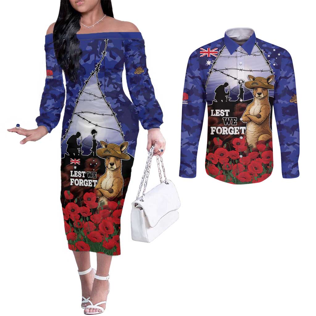 ANZAC Day Couples Matching Off The Shoulder Long Sleeve Dress and Long Sleeve Button Shirt Lest We Forget