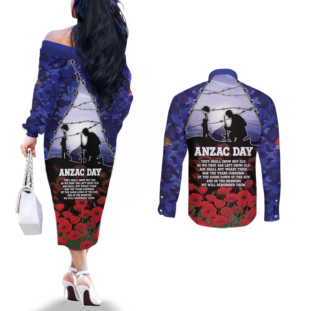ANZAC Day Couples Matching Off The Shoulder Long Sleeve Dress and Long Sleeve Button Shirt Lest We Forget