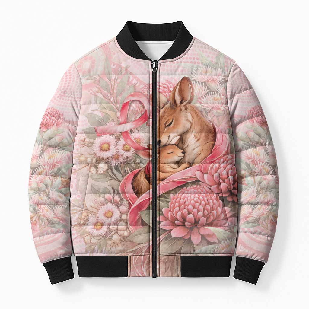 Personalised Breast Cancer Awareness Bomber Puffer Jacket Mother Kangaroo And Ribbon Hope