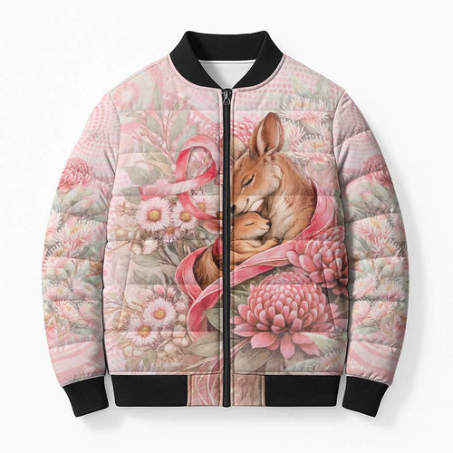 Personalised Breast Cancer Awareness Bomber Puffer Jacket Mother Kangaroo And Ribbon Hope