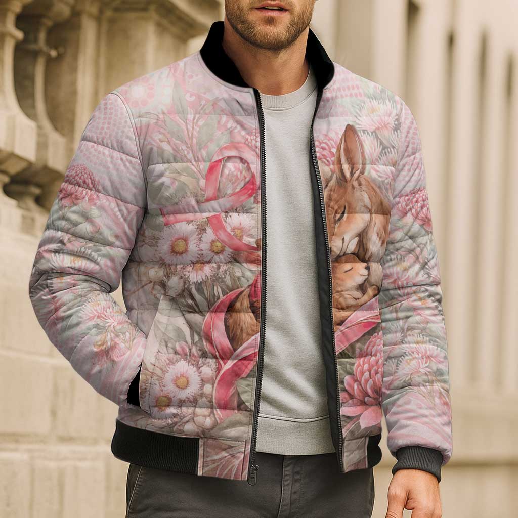 Personalised Breast Cancer Awareness Bomber Puffer Jacket Mother Kangaroo And Ribbon Hope