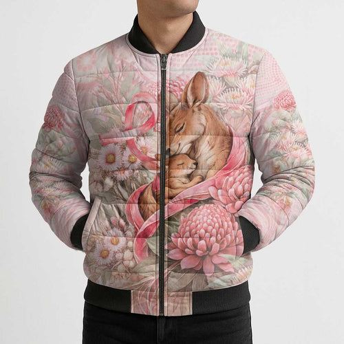 Personalised Breast Cancer Awareness Bomber Puffer Jacket Mother Kangaroo And Ribbon Hope