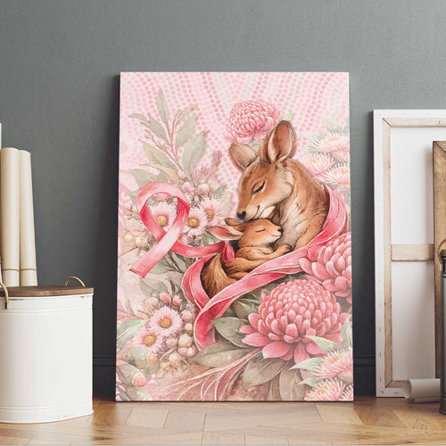 Breast Cancer Awareness Canvas Wall Art Mother Kangaroo And Ribbon Hope