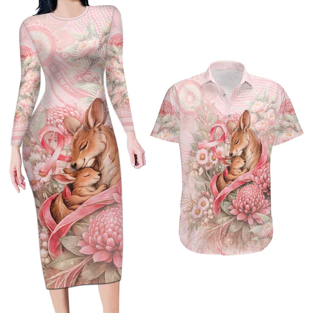 Personalised Breast Cancer Awareness Couples Matching Long Sleeve Bodycon Dress and Hawaiian Shirt Mother Kangaroo And Ribbon Hope