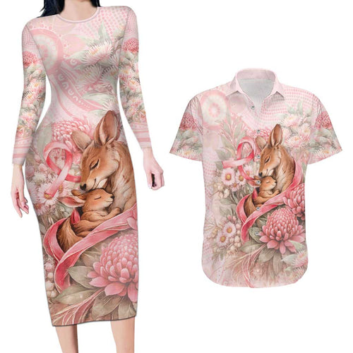 Personalised Breast Cancer Awareness Couples Matching Long Sleeve Bodycon Dress and Hawaiian Shirt Mother Kangaroo And Ribbon Hope