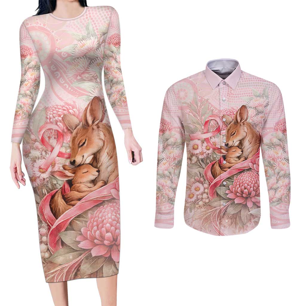 Personalised Breast Cancer Awareness Couples Matching Long Sleeve Bodycon Dress and Long Sleeve Button Shirt Mother Kangaroo And Ribbon Hope
