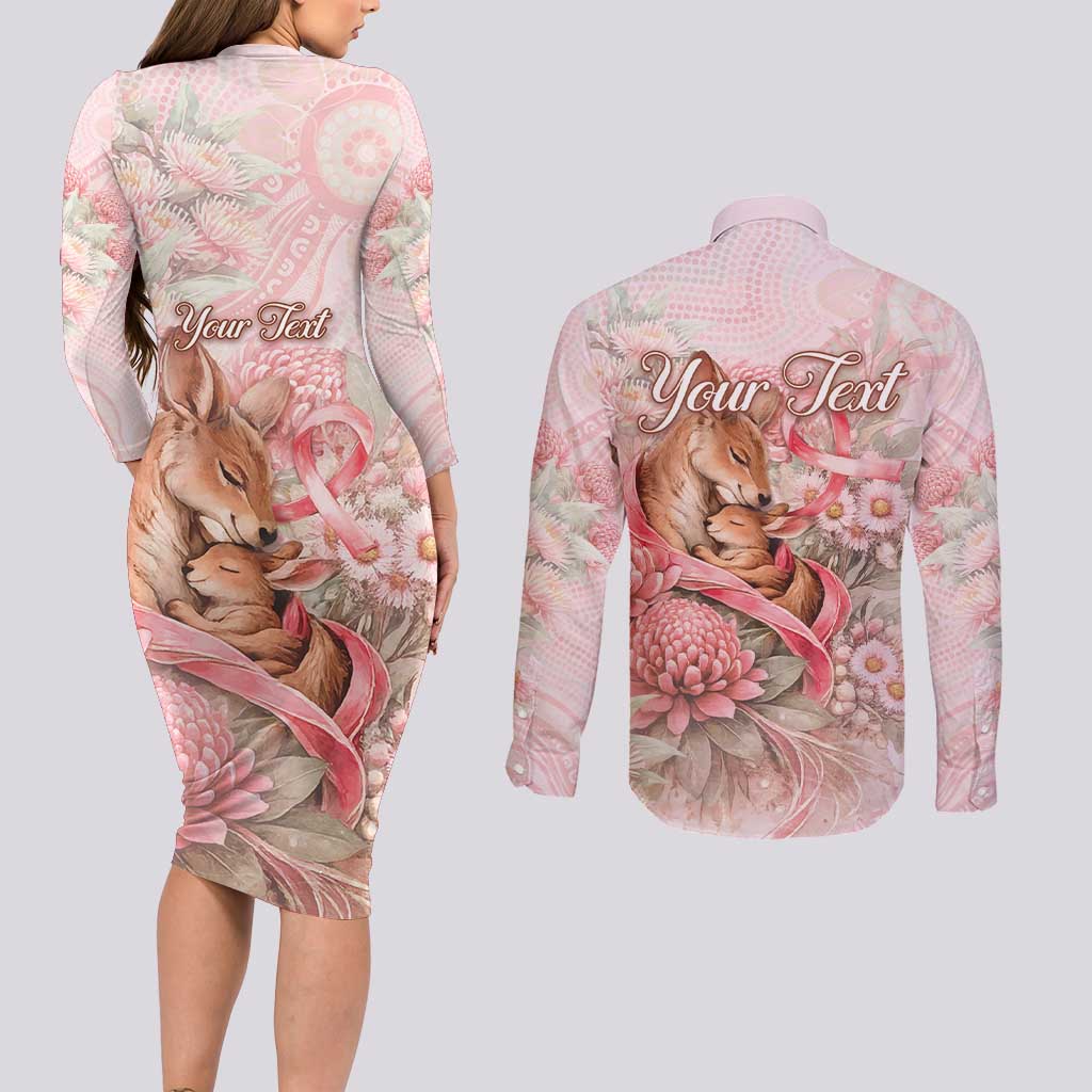 Personalised Breast Cancer Awareness Couples Matching Long Sleeve Bodycon Dress and Long Sleeve Button Shirt Mother Kangaroo And Ribbon Hope