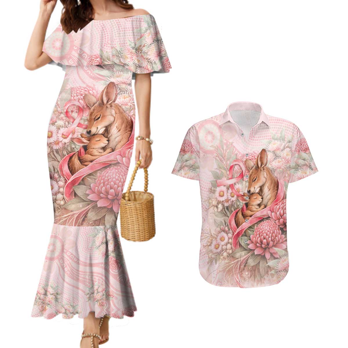 Personalised Breast Cancer Awareness Couples Matching Mermaid Dress and Hawaiian Shirt Mother Kangaroo And Ribbon Hope