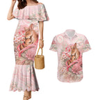 Personalised Breast Cancer Awareness Couples Matching Mermaid Dress and Hawaiian Shirt Mother Kangaroo And Ribbon Hope