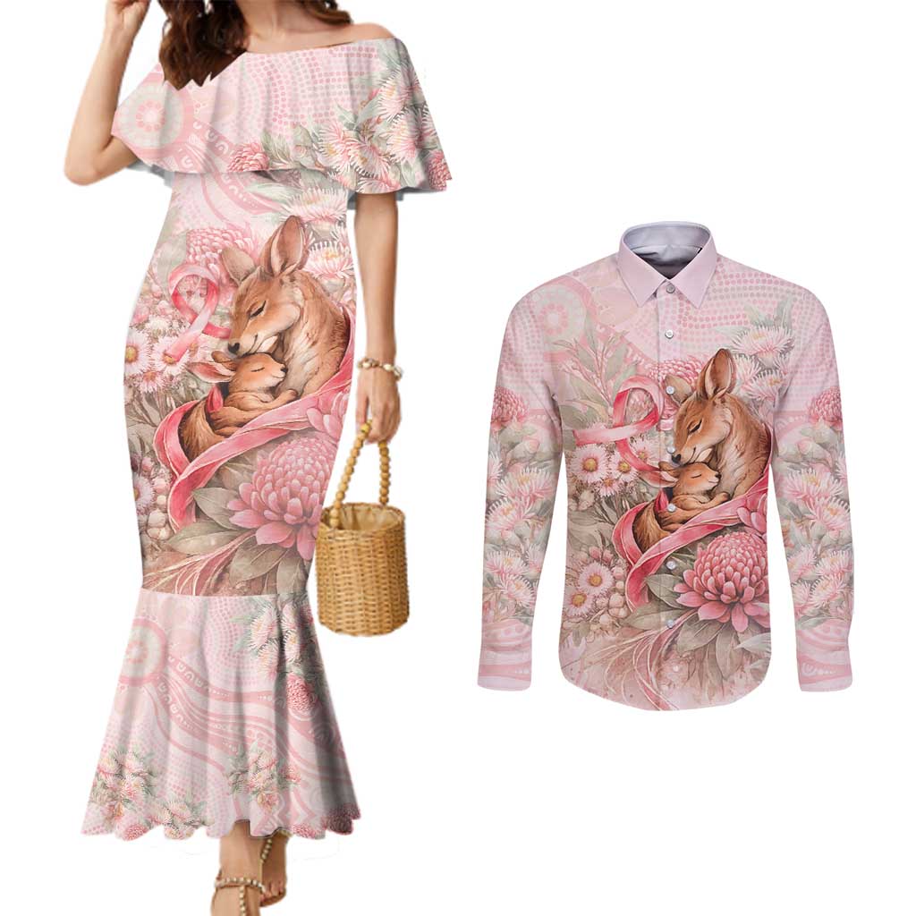 Personalised Breast Cancer Awareness Couples Matching Mermaid Dress and Long Sleeve Button Shirt Mother Kangaroo And Ribbon Hope