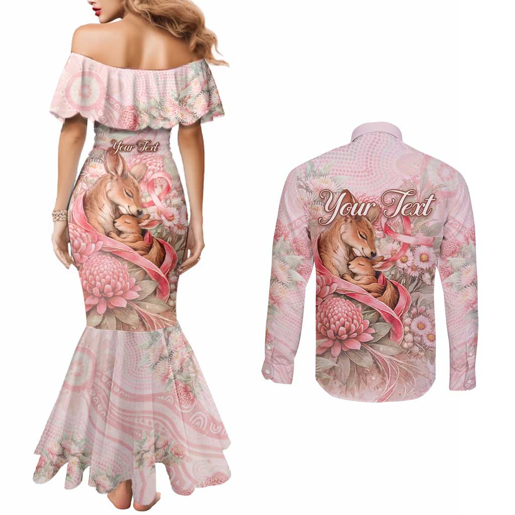 Personalised Breast Cancer Awareness Couples Matching Mermaid Dress and Long Sleeve Button Shirt Mother Kangaroo And Ribbon Hope
