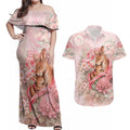 Personalised Breast Cancer Awareness Couples Matching Off Shoulder Maxi Dress and Hawaiian Shirt Mother Kangaroo And Ribbon Hope