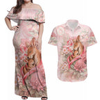 Personalised Breast Cancer Awareness Couples Matching Off Shoulder Maxi Dress and Hawaiian Shirt Mother Kangaroo And Ribbon Hope