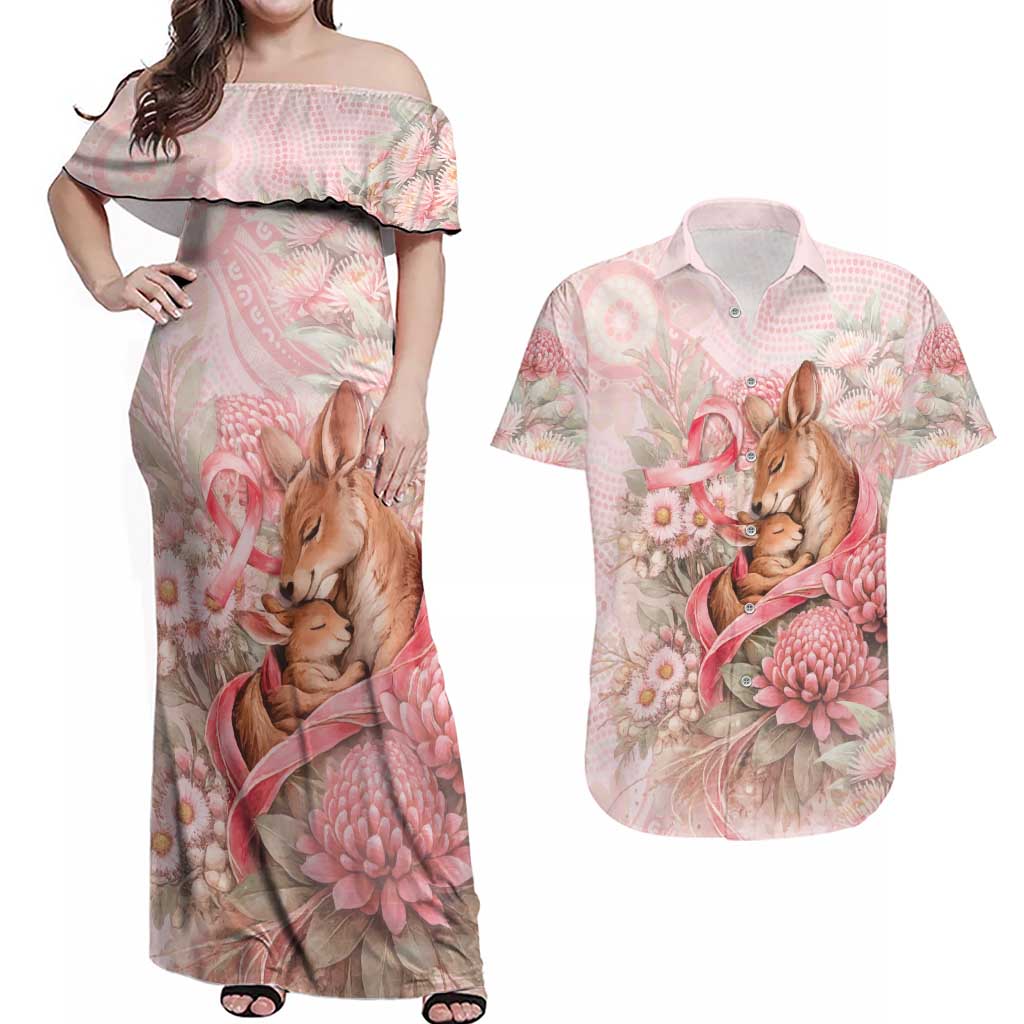 Personalised Breast Cancer Awareness Couples Matching Off Shoulder Maxi Dress and Hawaiian Shirt Mother Kangaroo And Ribbon Hope